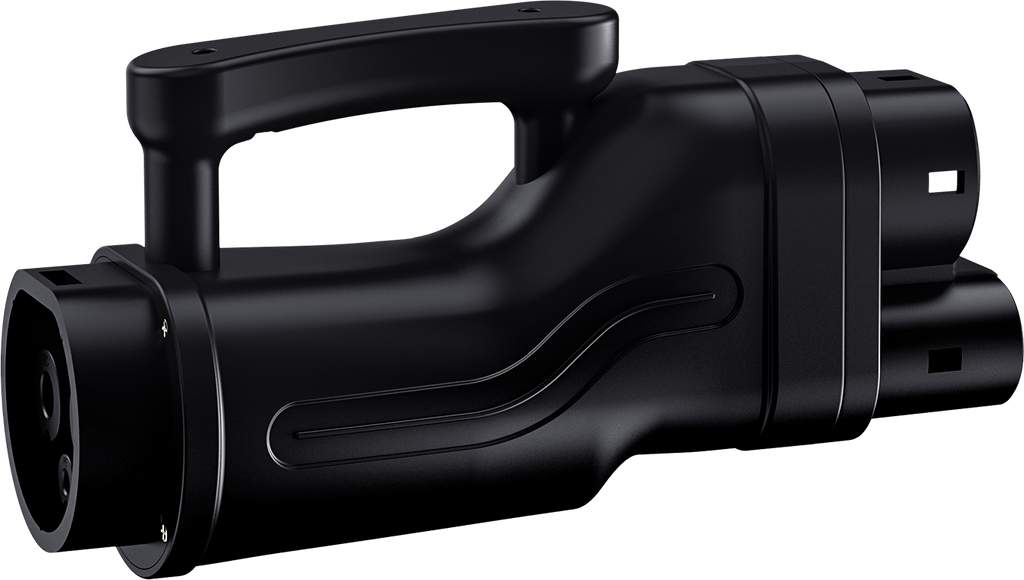 GB/T to CCS2 DC charging adapter, reverse angle showing the GB/T input and carry handle