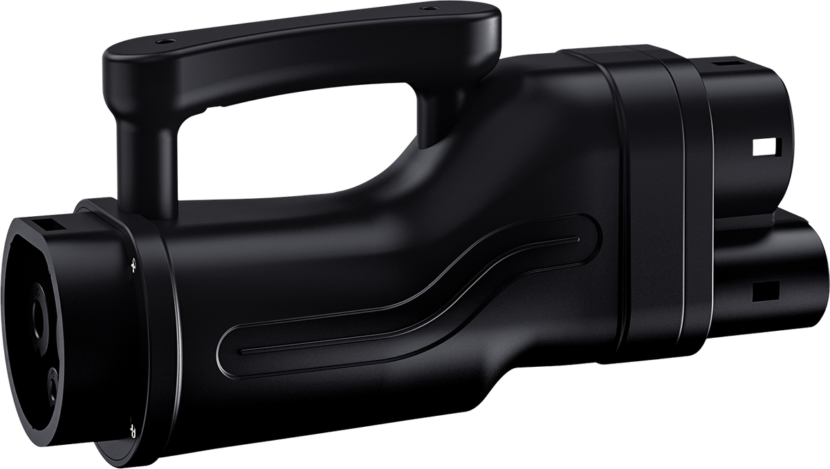 GB/T to CCS2 DC charging adapter, reverse angle showing the GB/T input and carry handle