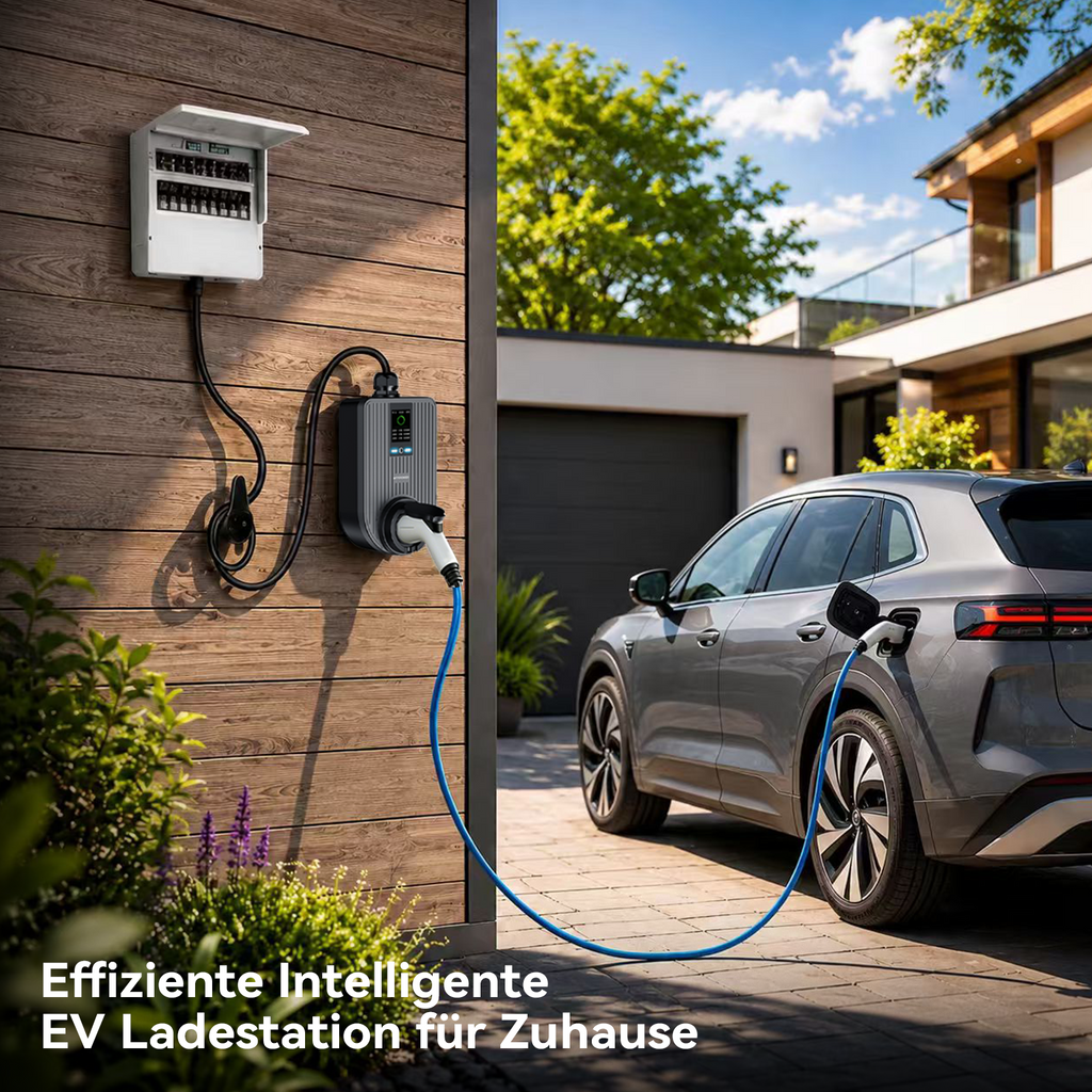 WityPower Q-Wallbox an einer Hauswand beim Laden eines Elektroautos