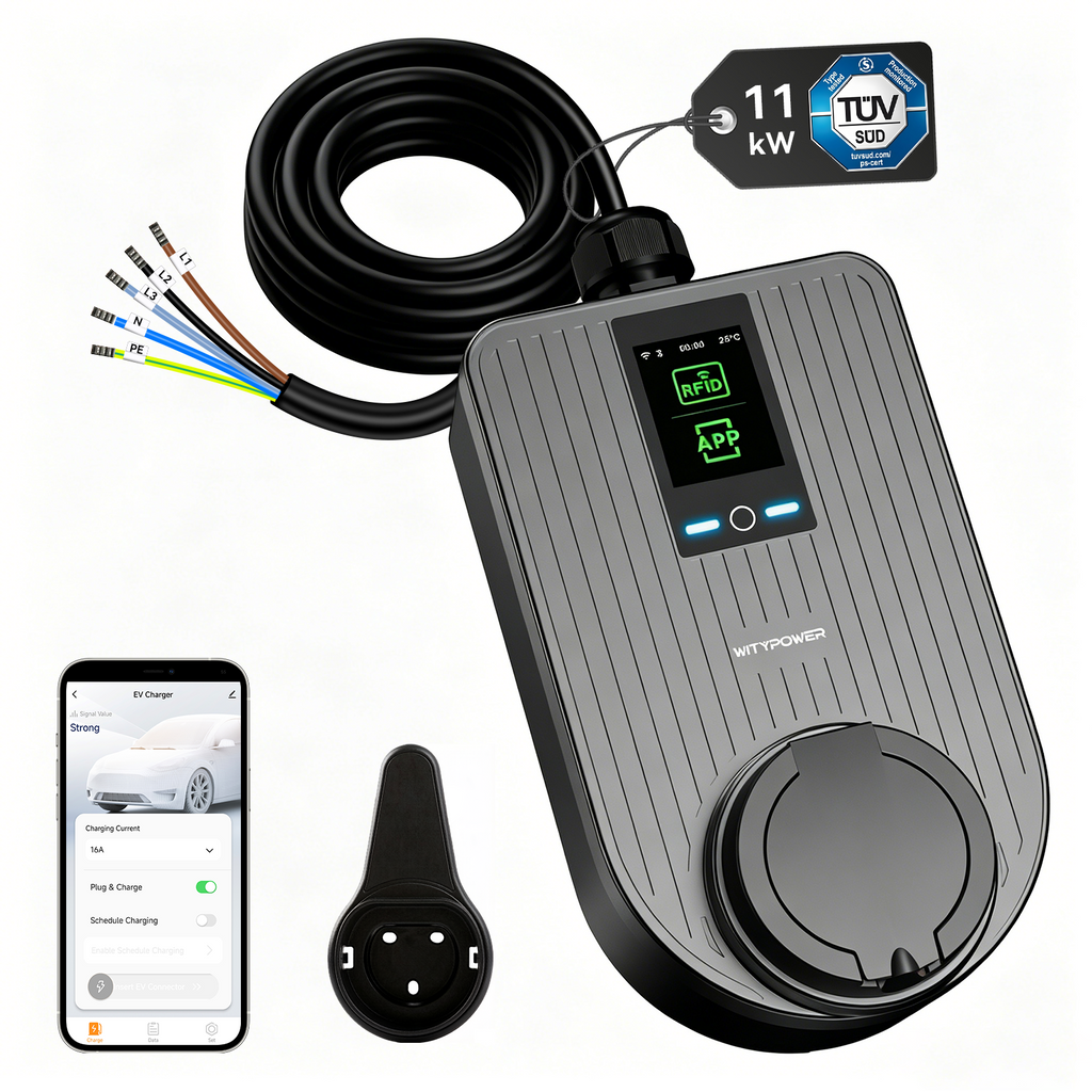 Q 11 kW hardwired EV charger — product and input lead view