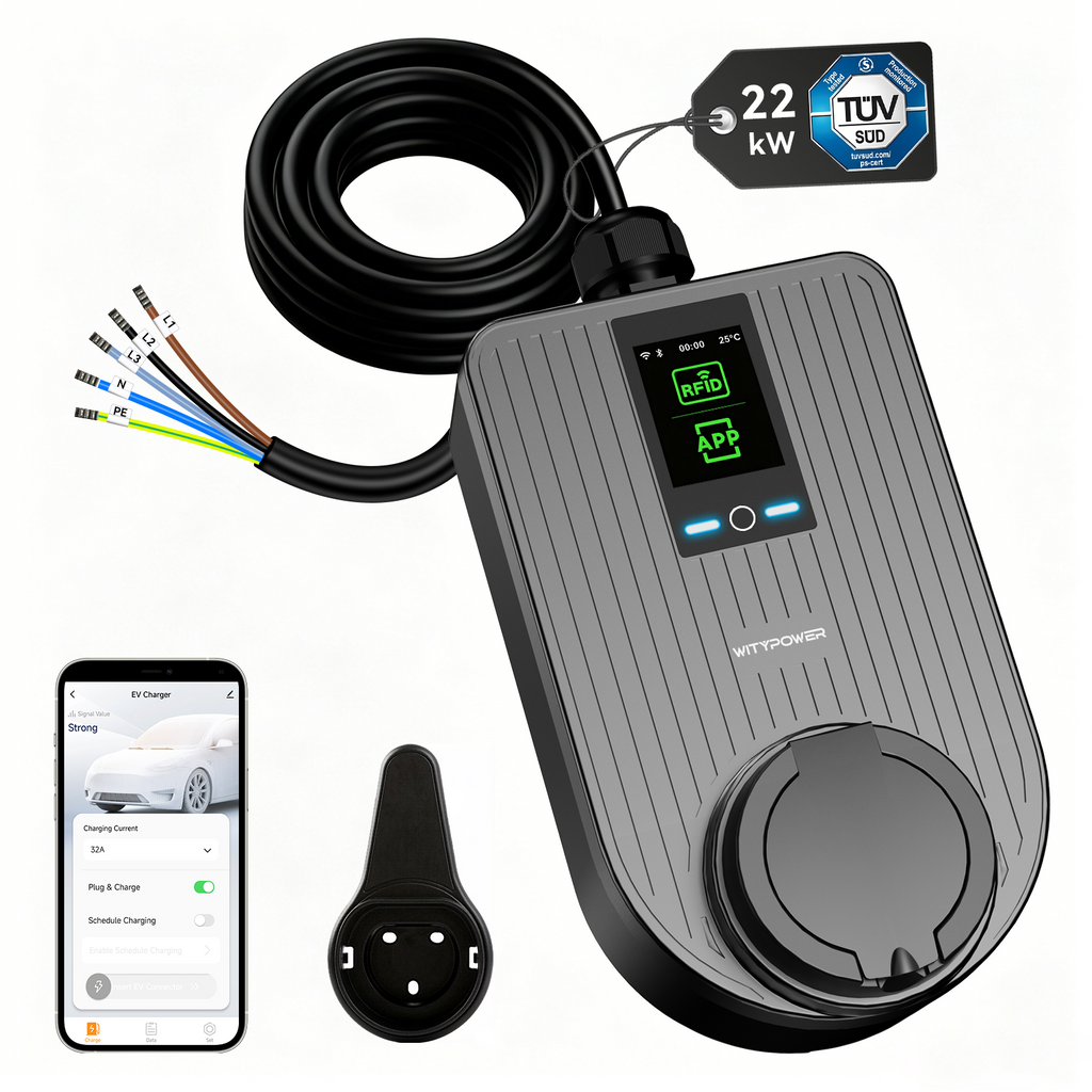 Q 22 kW hardwired EV charger — product and input lead view