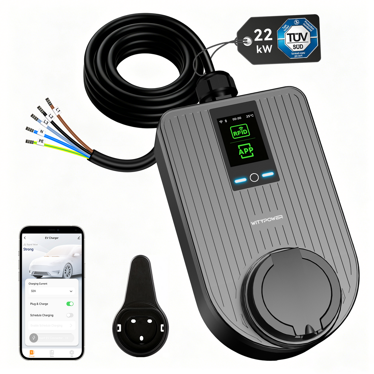 Q 22 kW hardwired EV charger — product and input lead view